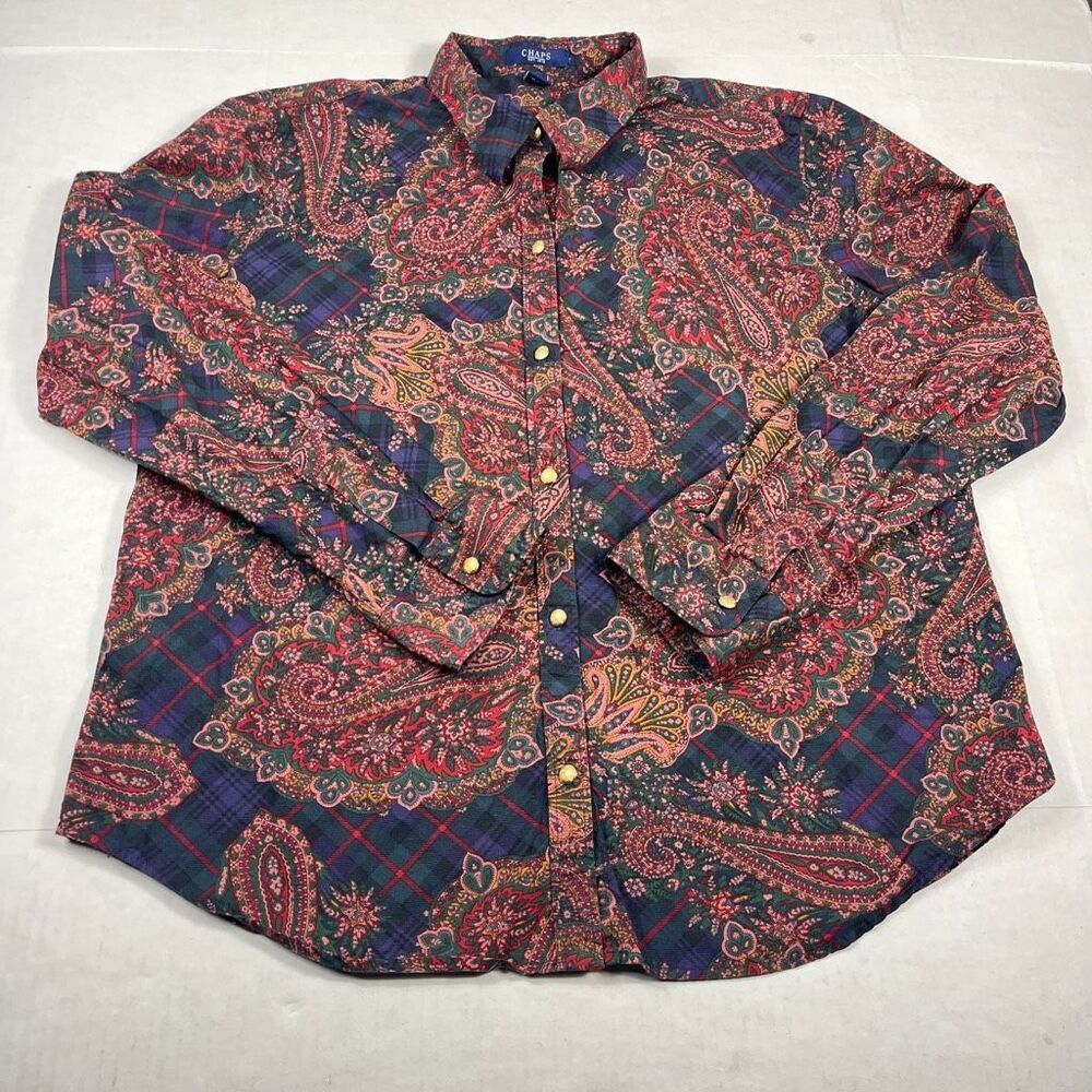Chaps Womens Paisley Plaid Button Down Shirt Long Sleeve 90s Heritage Top XL